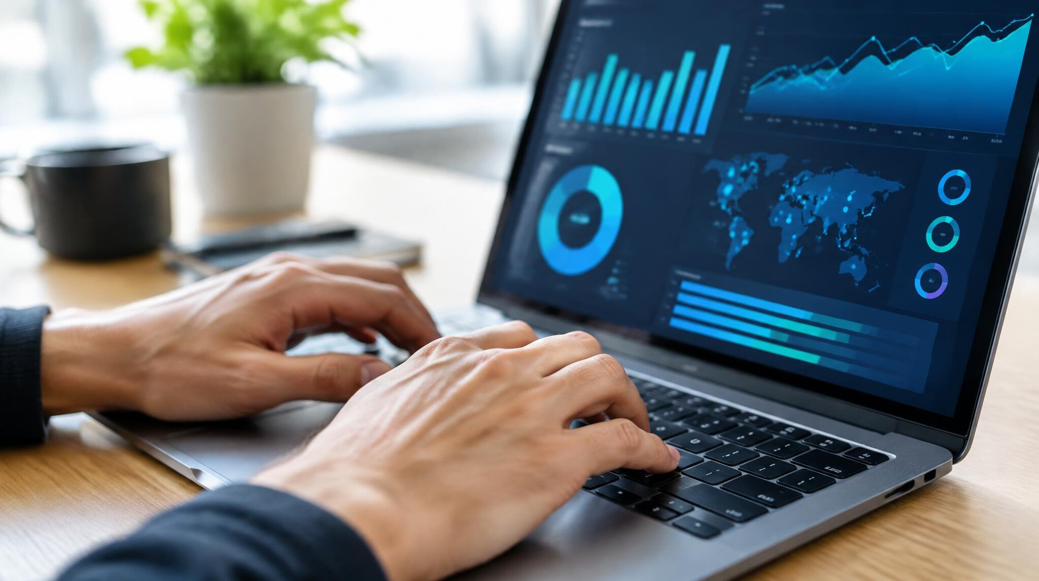 Close-up of hands typing on a laptop keyboard with charts on screen