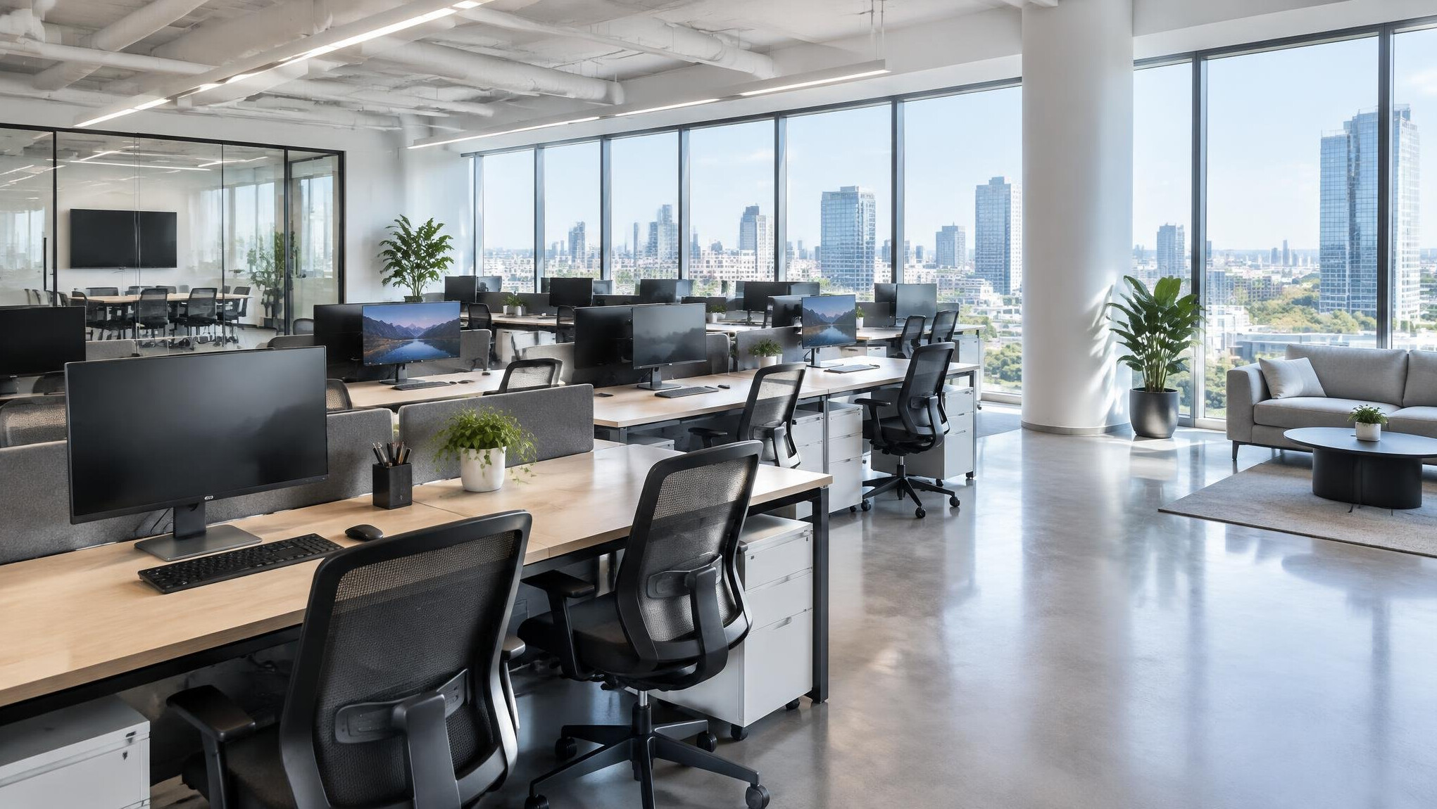 Wide view of an open-plan technology office with rows of desks