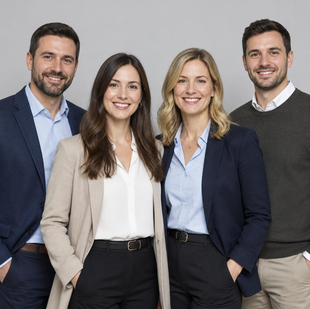 Group portrait of four professionals standing together in an office