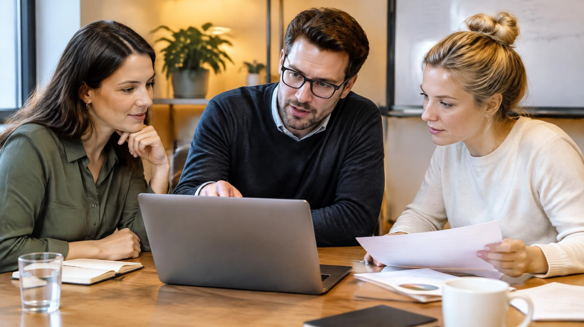 Colleagues discussing a project around a table with documents and a laptop